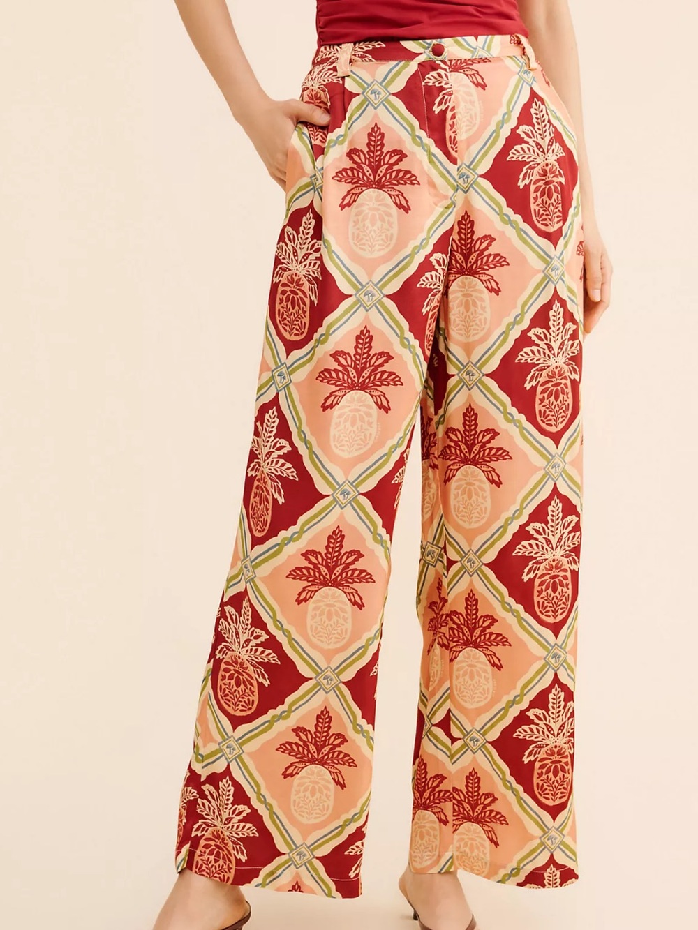 New FARM Rio Pineapple Satin Wide-Leg Pants Size Large